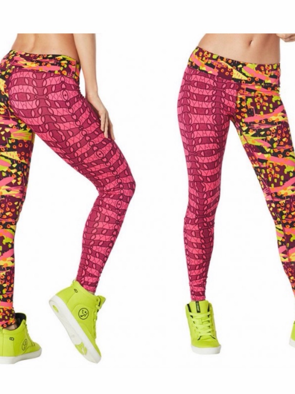 Women’s ZUMBA Wear Kingston Vibes Sz L XL Neon Pink Patterned Leggings